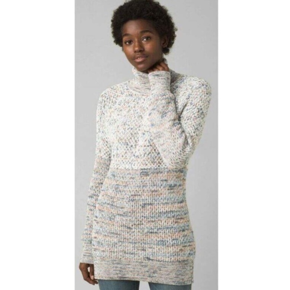 Prana Abelle Sweater Tunic Organic Cotton Blend Admiral Blue Tan Size Medium